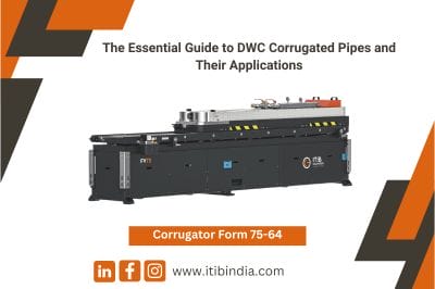 Corrugated pipe machine with branding and social media icons from ITIB India, highlighting DWC applications.