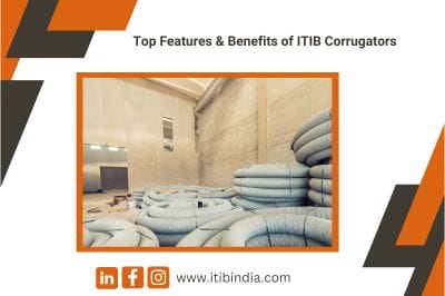 Warehouse with stacked blue ITIB corrugated hoses, showcasing product benefits. Learn more at itibindia.com.