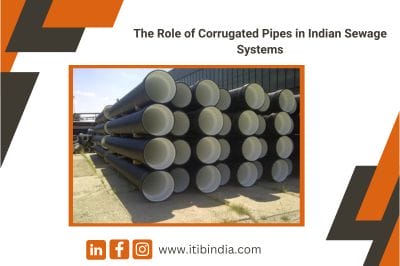 Stacked black corrugated pipes for sewage systems displayed at an outdoor industrial site.