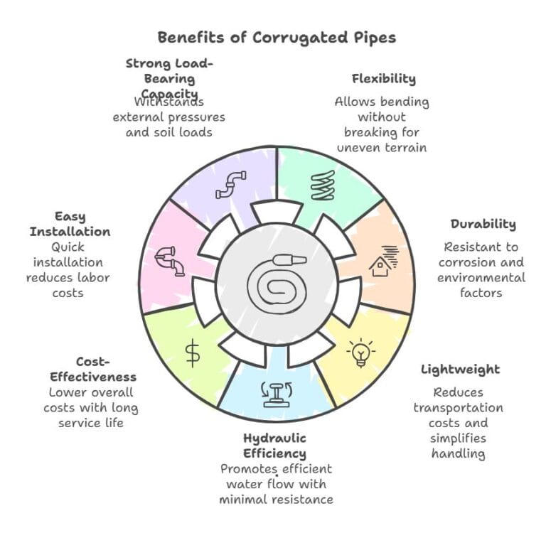 Diagram showing benefits of corrugated pipes: durability, flexibility, cost-effectiveness, and more.